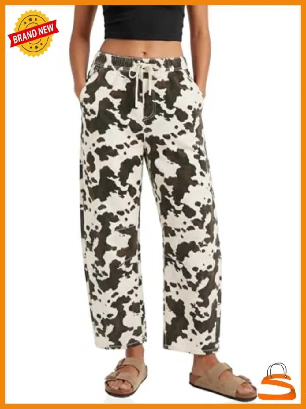 High Rise Drawstring Barrel Leg Cheetah Print Wide Leg Denim Pants with Pockets